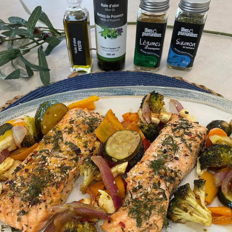 Recette de saumon et légumes grillés à la méditerranéenne | Olives et gourmandises