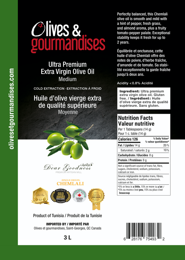 Huile d'olive vierge extra / Moyenne - Chemlali 3L